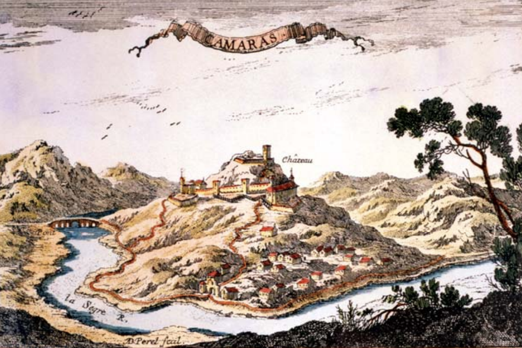 Gravat d’Adam Perel (1660) que mostra el nucli i el castell de Camarasa envoltat pel riu Segre. L’obra forma part del fons pictòric de la Diputació de Lleida.