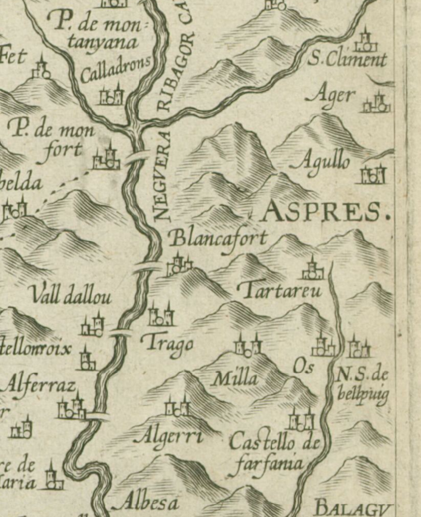 Part del mapa titulat 'Nova principatus Cataloniae descriptio', de Jan Baptist Vrients, és el mapa més antic que existeix de Catalunya, on apareix nomenat 'Els Aspres'. Biblioteca Nacional de França.
