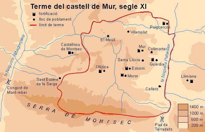 Mapa dels limits territorials del Castell de Mur amb els principals castells (s.XI)